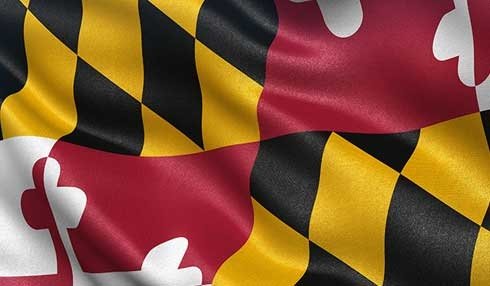 US state flag of Maryland with great detail waving in the wind.