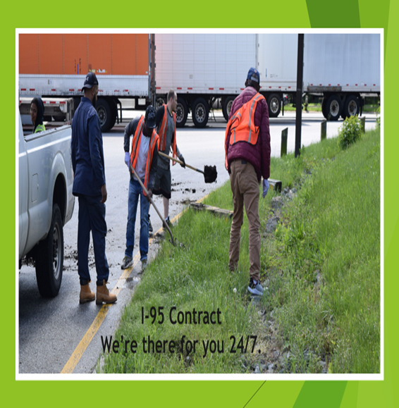 Four workers wearing safety vests and work gear are repairing the roadside along I-95. Two are using shovels to clear debris while others assist near a white pickup truck. Large tractor-trailers are visible on the road in the background. Text on the image reads: ‘I-95 Contract – We’re there for you 24/7.’