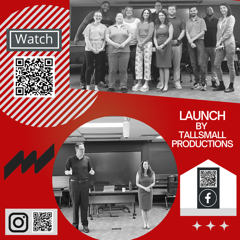 Promotional graphic with a red background featuring two black-and-white photos. The top image shows a group of people standing together and smiling for a group photo. The bottom circular image shows two presenters speaking in front of a large screen. The design includes QR codes for LinkedIn, Instagram, and Facebook, along with the text: ‘Launch by TallSmall Productions.’