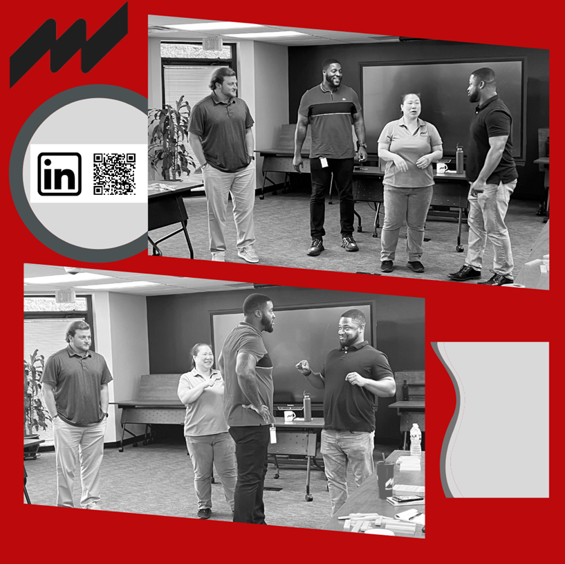 Collage of two black-and-white photos on a red background showing four people standing and talking in a meeting room. They appear to be engaged in a group discussion or activity, smiling and interacting with one another. A LinkedIn logo with a QR code is also displayed in the design.