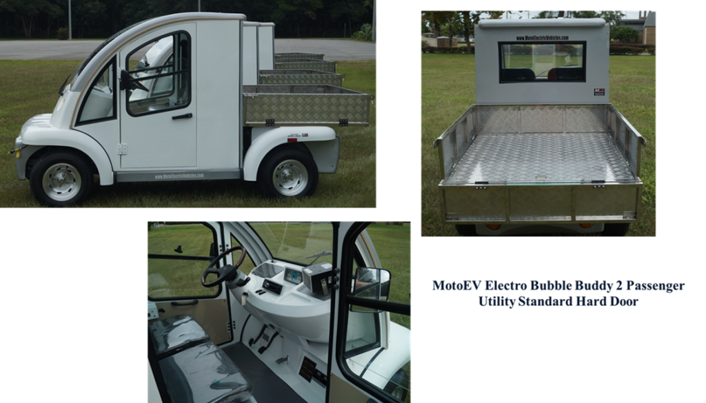Three views of a white MotoEV Electro Bubble Buddy 2 Passenger Utility vehicle with standard hard door. The images show a side profile, the open rear cargo bed with diamond-plate surface, and the interior cab with two seats and steering controls.