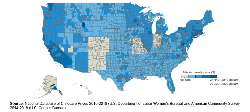 Map of the United States showing county-level median yearly childcare prices in 2018 dollars, with a scale ranging from $24,440 (2018 dollars) to $27,220 (2022 dollars). Darker blue areas indicate higher childcare costs, while beige areas indicate missing data. Source: National Database of Childcare Prices 2016–2018 (U.S. Department of Labor Women’s Bureau) and American Community Survey 2014–2018 (U.S. Census Bureau).