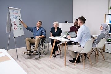 adults sitting at a table listening to a man speak and refer to a flip chart, sitting in a wheelchair.