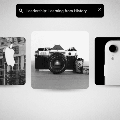 Title on image is 'Leadership: Learning from History' and in it is a photo of a camera, an Apple Inc. logo and iphone.